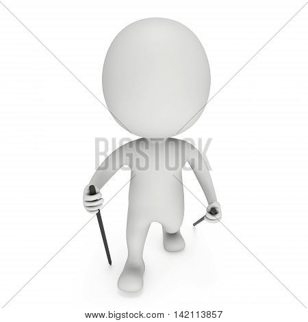 Nordic walking white blank man. 3d render illustration isolated on white background. Concept of helthcare and fitness small people.