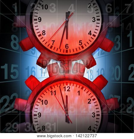 Work Schedule Stress concept as clocks shaped as gears creating friction causing pressure and overload as a business problem metaphor as a 3D illustration.