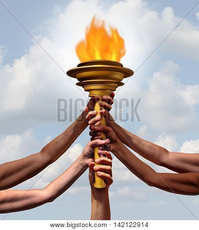 People holding a torch flame symbol as a group of diverse athletes or community members joining in lifting a cresset object together for sport ceremony or a beacon for friendship with 3D illustration elements.