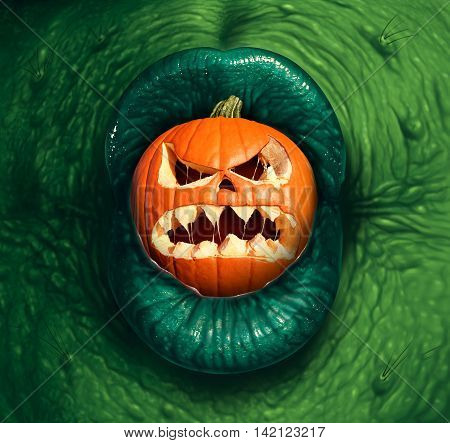 Halloween monster jack o lantern as a green witch or ogre character biting into a pumpkin with a scary expression in a 3D illustration style.