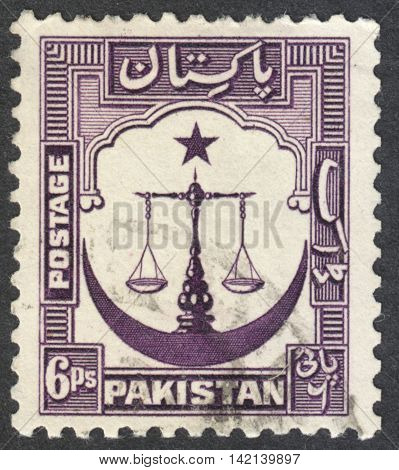 MOSCOW RUSSIA - CIRCA APRIL 2016: a post stamp printed in PAKISTAN shows Scales of Justice with Crescent moon emblem the series "Local Motifs" circa 1948