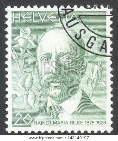 MOSCOW RUSSIA - CIRCA APRIL 2016: a post stamp printed in SWITZERLAND shows a portrait of Rainer Maria Rilke the series 