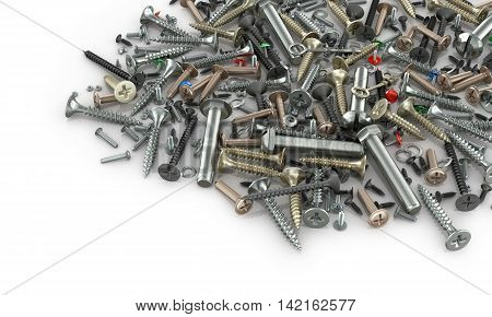 Set of nuts screws bolts screws washers and fastening on a white background. 3d illustration