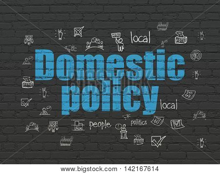 Politics concept: Painted blue text Domestic Policy on Black Brick wall background with  Hand Drawn Politics Icons