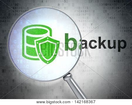 Software concept: magnifying optical glass with Database With Shield icon and Backup word on digital background, 3D rendering