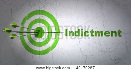 Success law concept: arrows hitting the center of target, Green Indictment on wall background, 3D rendering