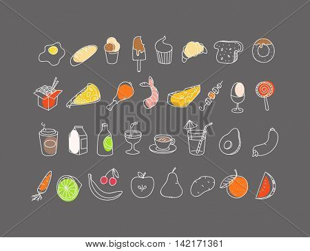Different food hand-drawn silluettes. Vector coolection