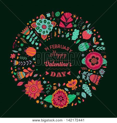 Vector circle frame, wreath made of flowers.  Circle decoration. Wreath illustration made of flowers and herbs. Spring elements. Floral doodles wreath.