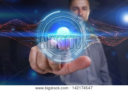 Business, Technology, Internet And Network Concept. Young Business Man Chooses The Virtual Screen: I