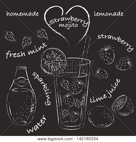Homemade lemonade recipe sketch. Strawberry mojito with ingredients straberry mint leaves lime. Chalk recipe drawing.