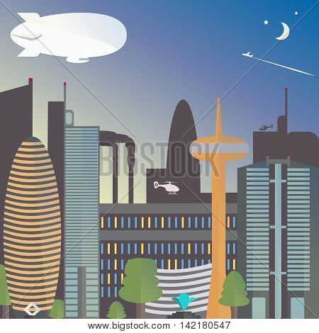 Urban landscape with a dirigible. The city night with the moon and stars. Skyscrapers and TV tower with fountain. Vector illustration.