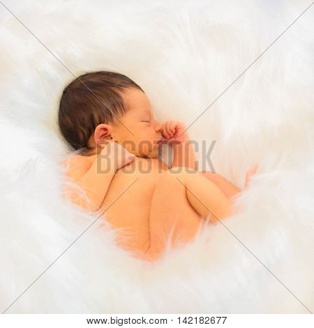 Calm newborn baby sleep. Newborn baby slumber on soft white background.