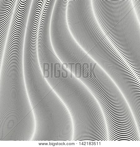 Mobious wave stripe. Geometric line abstract seamless pattern. Black wavy stripes. Optical design illusion. Wrapping paper. Vector illustration. Background. Graphic texture. Wallpaper.