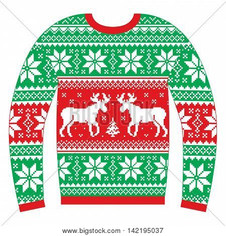 Ugly Christmas jumper or sweater with reindeer and snowflakes red and green pattern