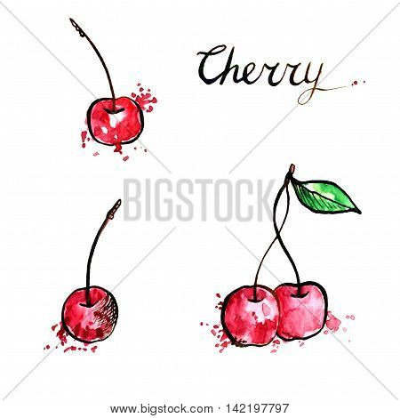 hand drawn red cherries, ink and watercolor drawing berries with paint stains