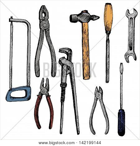 hand drawn tool kit isolated at white background, screwdriwer, saw and pliers, hummer and wrench, vintage ink drawing vector illustration