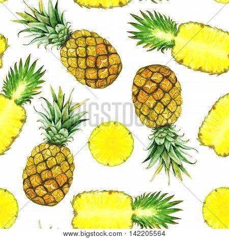 Seamless pattern with hand drawn watercolor pineapples and pineapple slices