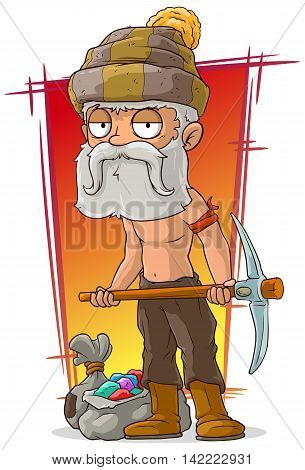 A vector illustration of cartoon old shirtless digger with diamonds