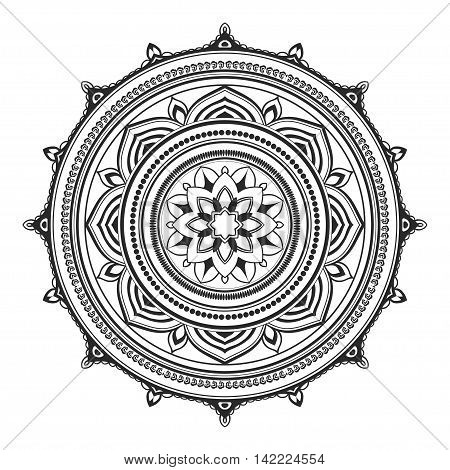 Ethnic Decorative Element Hand Drawn Vector Mandala Black And White, For Coloring Page. Orienta Moti