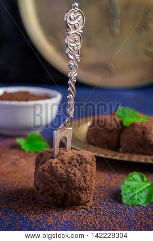 Turkish sweets cezerye cocoa and mint selective focus.