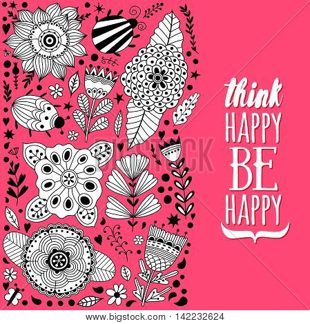 Floral card design, flowers and leaf doodle elements. Illustration made of flowers and herbs. Vector decorative invitation. Spring elements. Floral doodles.