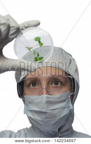 Woman in a suit holding a medical vial circle with the germ at the inside