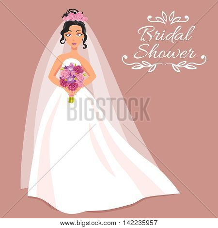 Bridal shower cartoon invitation with beautiful young bride in white dress and veil on rose background holding bouquet of roses  vector illustration