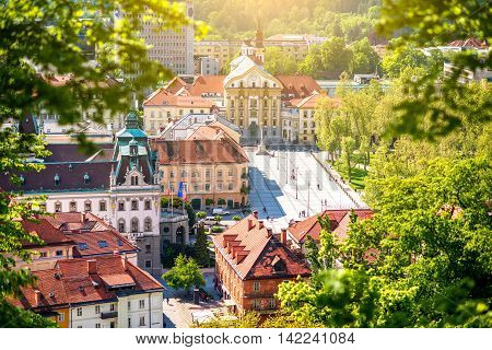 Aerial cityscape view with Ursuline church of the Holy Trinity in Ljubljana