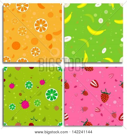 Four cute seamless patters with fruits. With orange bannana strawberry and mix from different fruits.Good for design of the packaging material clothing. Vector