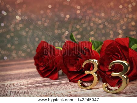 birthday concept with red roses on wooden desk. 3D render - thirty-third birthday. 33rd