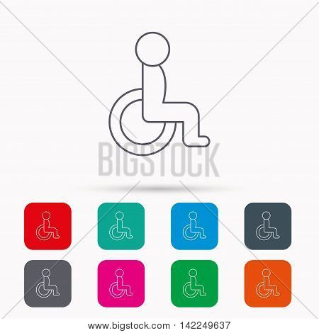 Disabled person icon. Human on wheelchair sign. Patient transportation symbol. Linear icons in squares on white background. Flat web symbols. Vector