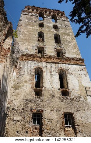 Medieval ruined stone tower of the fortress in Starokonstantinov