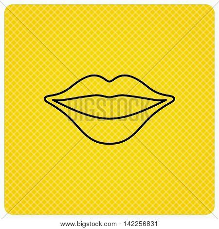 Lips icon. Smiling mouth sign. Linear icon on orange background. Vector