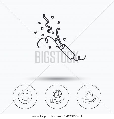 Save water, save planet and slapstick icons. Smiling face linear sign. Linear icons in circle buttons. Flat web symbols. Vector