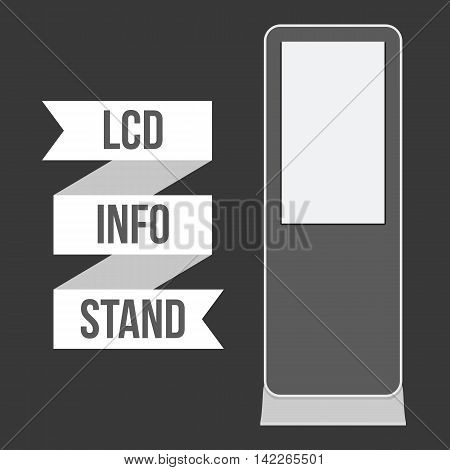 LCD TV Info Floor Stand. Blank Trade Show Booth. Vector illustration of kiosk machine on black background. Ad template for your expo design with ribbon banner text.