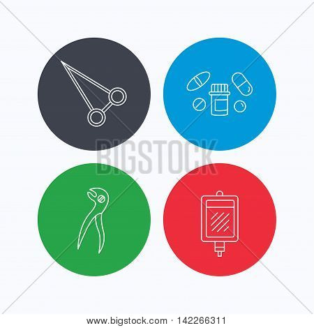 Medical pills, blood and dental pliers icons. Peans forceps linear sign. Linear icons on colored buttons. Flat web symbols. Vector