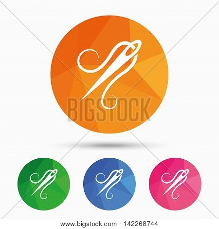 Needle with thread icon. Tailor symbol. Textile sew up craft sign. Embroidery tool. Triangular low poly button with flat icon. Vector
