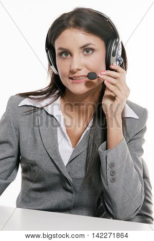 Young beautiful customer support on white background