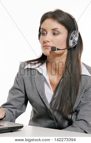 Young Beautiful customer support on white background
