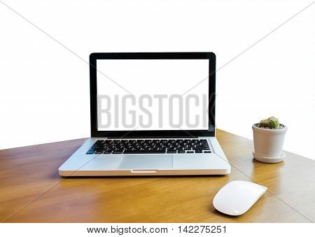 Front view of laptop on table white background. Laptop with blank screen and can be add your texts or others on Laptop. Laptop concept.