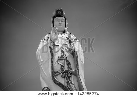 Jao-Mea-Guan-im Statue in temple(public place) of thailand in black and white style