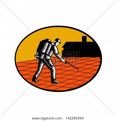 Illustration of a paver sealer contractor sealing paving with house in the background set inside oval shape done in retro woodcut style.