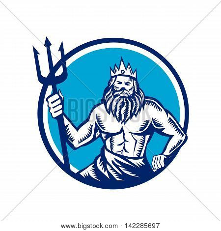Illustration of a poseidon god of the sea holding trident viewed from front set inside circle on isolated background done in retro woodcut style.