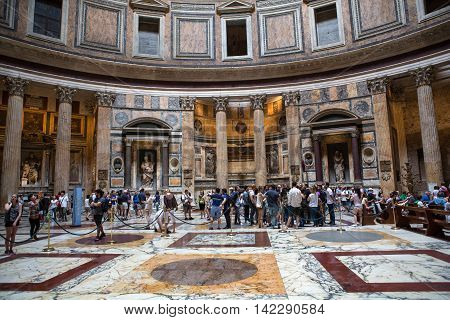 ROME ITALY - JUNE 15 2015: Pantheon in Rome Italy . Pantheon was built as a temple to all the gods of ancient Rome and rebuilt by the emperor Hadrian about 126 AD.