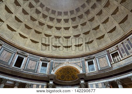 ROME ITALY - JUNE 15 2015: Pantheon in Rome Italy . Pantheon was built as a temple to all the gods of ancient Rome and rebuilt by the emperor Hadrian about 126 AD.
