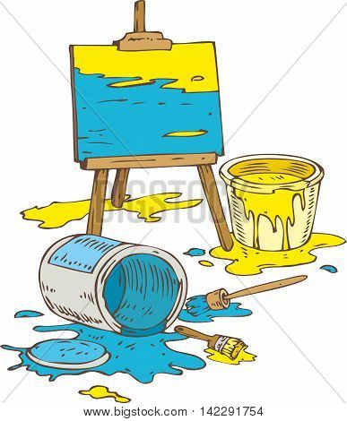 Picture on the Wooden Easel Tin Cans of Yellow and Blue Paint and Paintbrushes. Isolated on a White