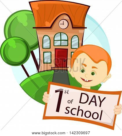 smiling boy near the school building on the first day of the school year, vector illustration