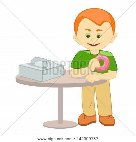 boy holding a donut, box of donuts on the table, boy stands at a table, vector illustration