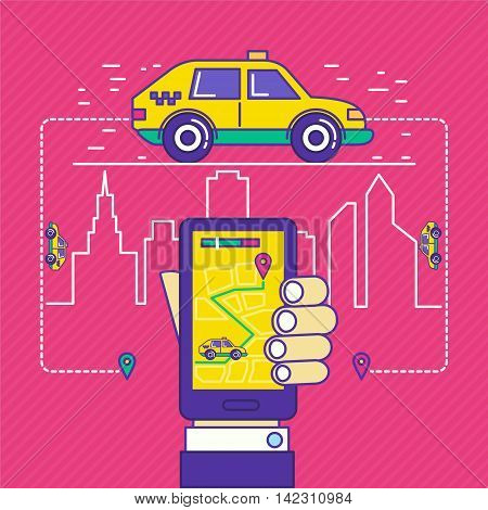 Public taxi call mobile application in trendy cartoon line style. Vector illustration of cab service for web apps background design.