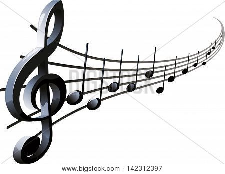 Curved stave treble clef and notes isolated on white background